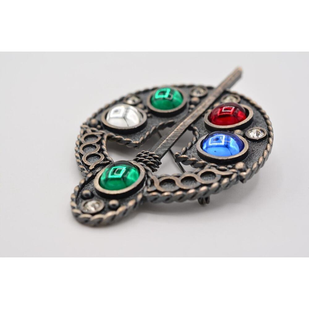 Vintage Pin Brooch Cabochon Large Heavy Celtic Ardagh Red Blue Chunky 70s BinAJ - Picture 8 of 12